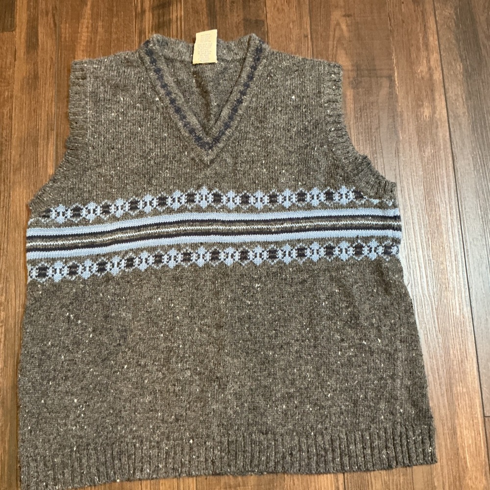 High Sierra Fair Isle Sweater Vest Gray Blue V-Neck Wool Blend Large Grandpacore